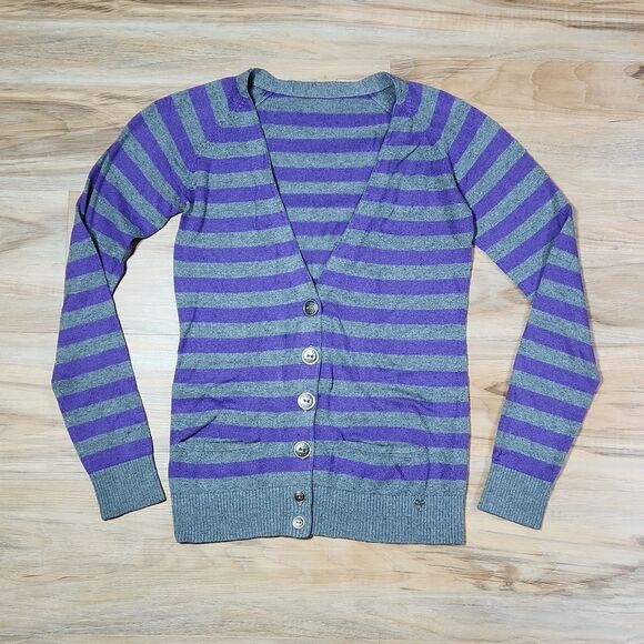 💚TNA Purple & Gray Stripe Long Sleeve Wool Blend Sweater w/Pockets Small - Picture 1 of 12